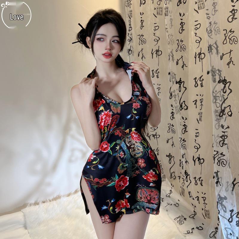 Mulan Retro Print Cheongsam Pajama Set - Sexy, Slim, High Slit, Bodycon Lingerie In Ancient Style