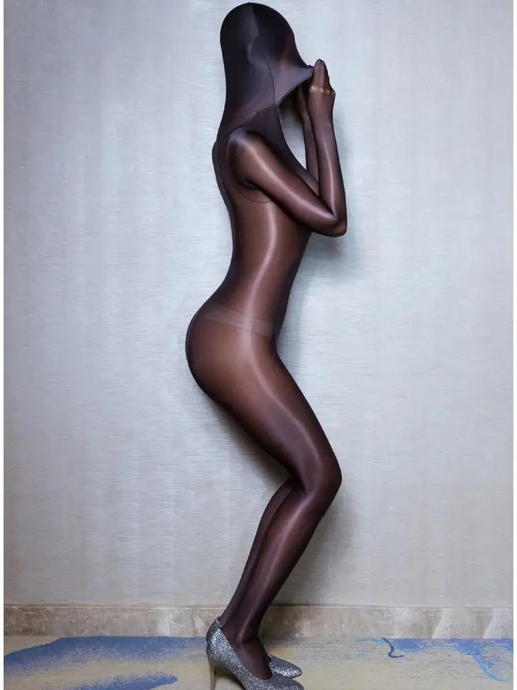 Sexy Kapuzen-Einhülle-Hand-Catsuit Glänzender Bodystocking Schrittloser Bodysuit Strumpfhose Sexy Leotard Einteilige Dessous Jumpsuit Unitard