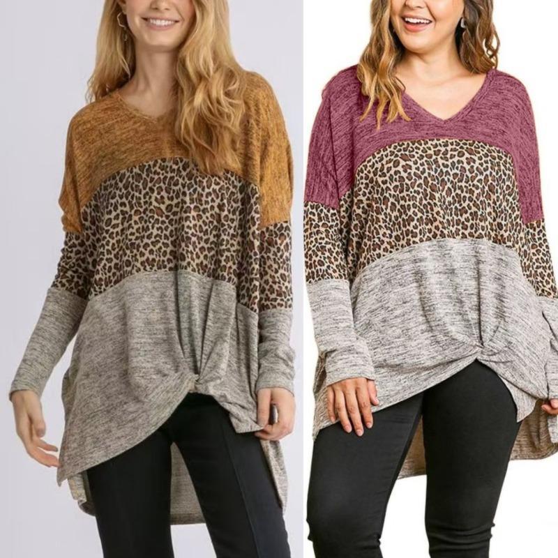 Women's V-neck Leopard Print Contrast Stitching Long-sleeved T-shirt Top