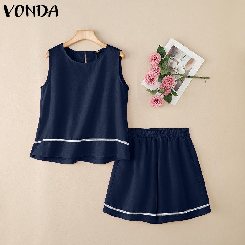 VONDA Summer Outfits Women Sets Sleeveless Tank Tops and Shorts Suits