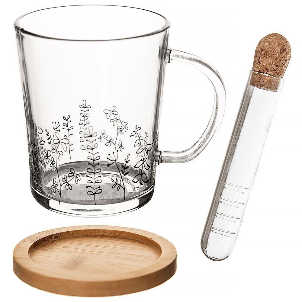 Duży Kubek + Zaparzacz do Herbaty Ziołowej z Bambusowym Stojakiem Szklanym