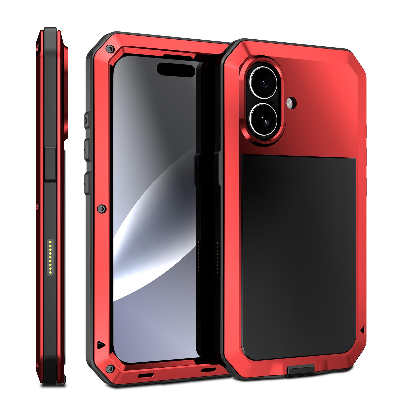 

For iPhone 17 Case Silicone+Metal Phone Cover with Tempered Glass Screen Protector Red