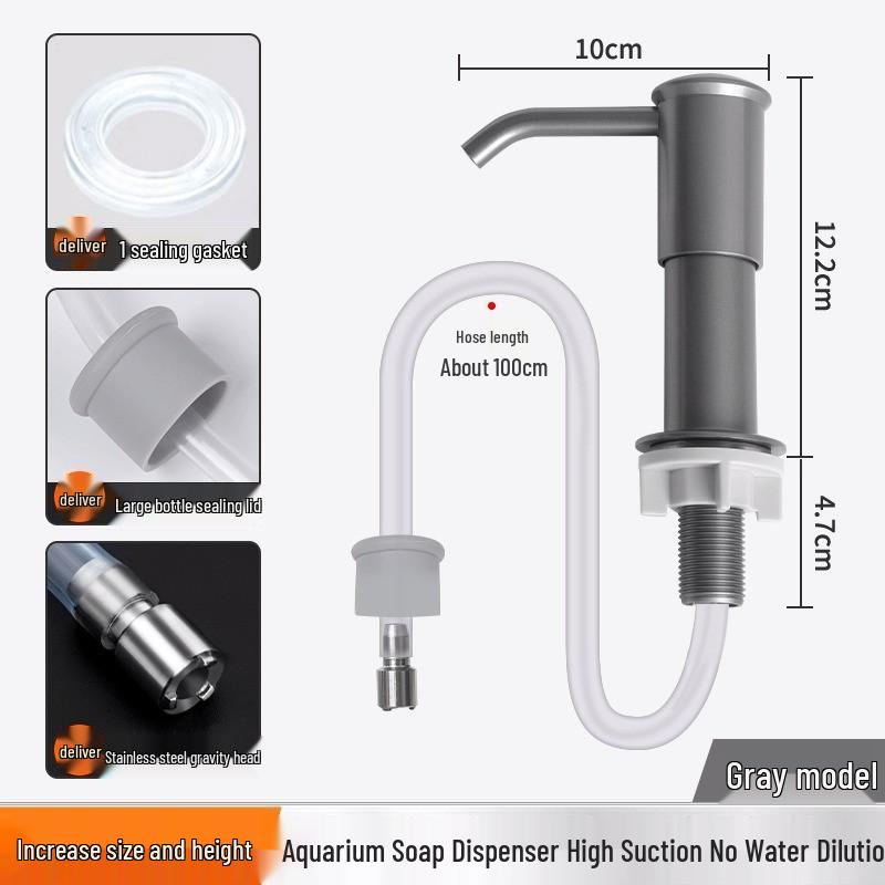 Presse d'évier en acier inoxydable avec distributeur de savon, tube d'extension pour détergent et filtre pour aquarium.