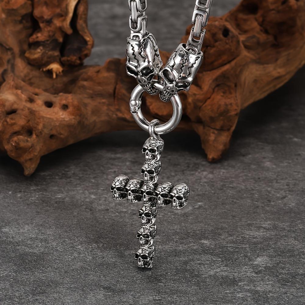 

Vintage Skull Cross Pendant Necklace - Gothic-Inspired Zinc Alloy Chain with 304 Stainless Steel Accents, Perfect for Halloween, Music Festivals & Dai