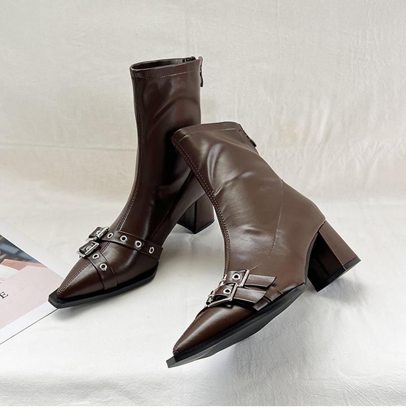 Designer Winter Women Ankle Boots Metal Decoration Pointed Toe Short Booties Stripper Square Heels Shoes
