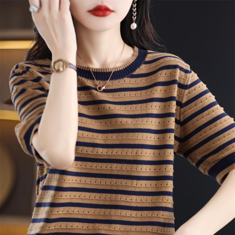 Crew Neck Striped Cotton Short-sleeved Women's Summertime Bottoming Shirt Relaxed Fit Versatile Cotton Thread T-shirt