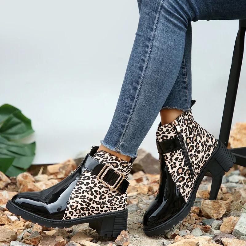 Fashion Women Round Toe Belt Buckle Ankle Boots Spring Autumn New Leopard Print Leather Boots Female Fashion High Heels Short Boots