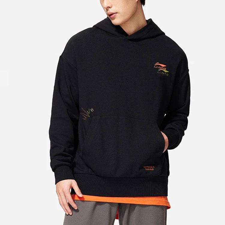 Li-Ning Sports Fashion Series Logo Print Fleece-Lined Warm Hoodie Unisex Tops Black AWDSF73-9
