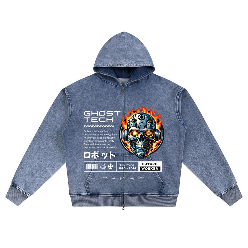 DTG Print Knitted Denim Zip-Up Hoodie Ghost Tech Brother Print Zipper Hoodies  
