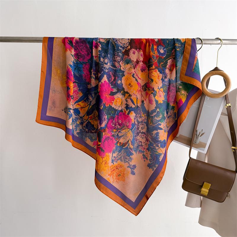 90*90cm Women Square Silk Scarf Lady Foulard Neck Hair Scarves Design Printed Kerchief Fashion Girl Hair Ribbon Headband Bandana