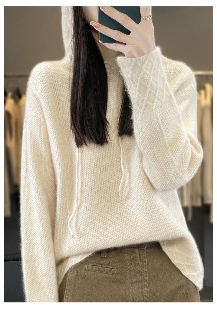 2024 Autumn/Winter Women's Pure Wool Hooded Knit Pullover - College Style Sweater