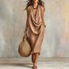 Rochie Maxi de Vară Casual din In și Bumbac, Fără Mâneci, cu Guler Tip Șal, Croială Largă, pentru Femei