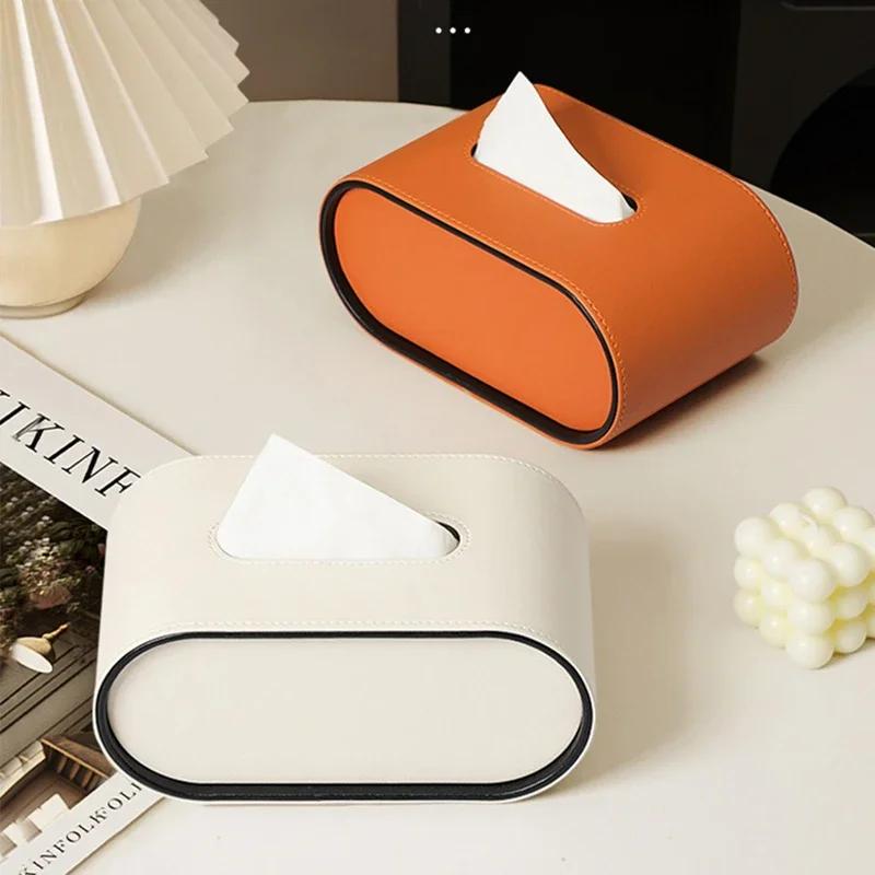 Paper Box Light Luxury High-end Living Room Creative Oval Leather Tissue Box Bedroom Desktop Napkin Storage Box Organization