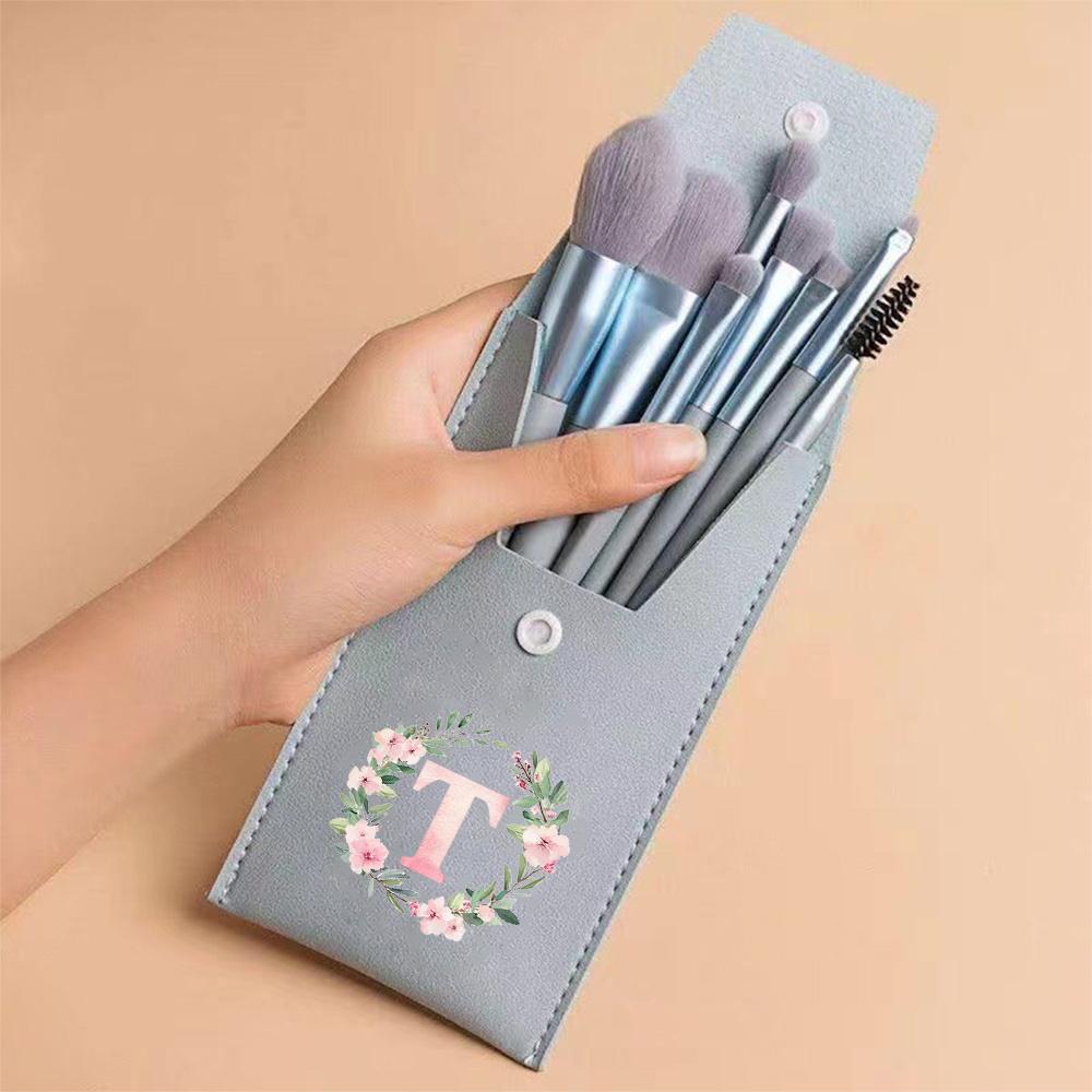 8pcs Makeup Brush Kit with Portable Storage Pouch Multifunctional Beauty Brushes Set Tools 26 Wreath Letters Pattern