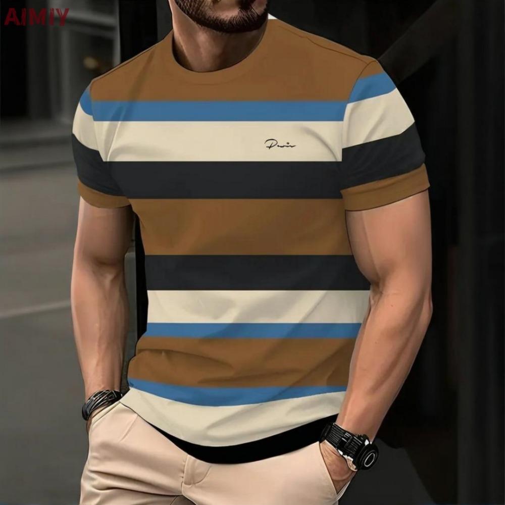 Men's T-shirt Summer Outdoor Casual Round Neck Short Sleeve Top Stripe Printed Style Loose Men's Clothing