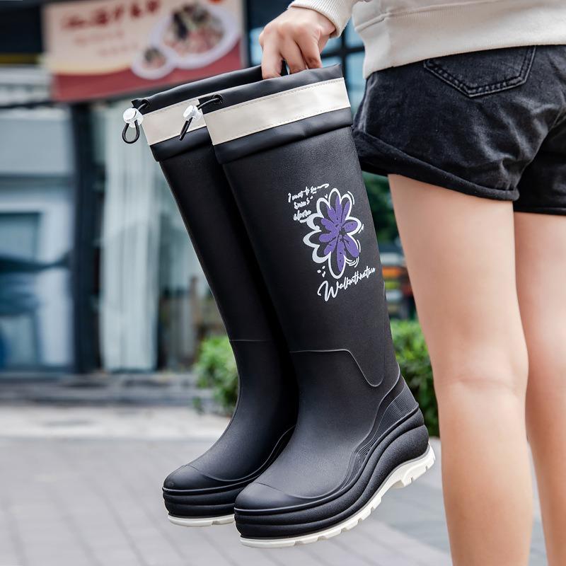 New fashionable women's high tube bundle rain shoes printed winter cotton warm women's water boots outdoor kitchen work shoes