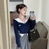 Sweet and Spicy Fake Two-piece V-neck Knitted Sweater Women's Autumn New Long-sleeved Sweater Short