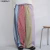 INCERUN Men's Patchwork Wide Leg Trousers Casual Loose Striped Plaid Pants Harajuku Streetwear Elastic Waist Bottoms