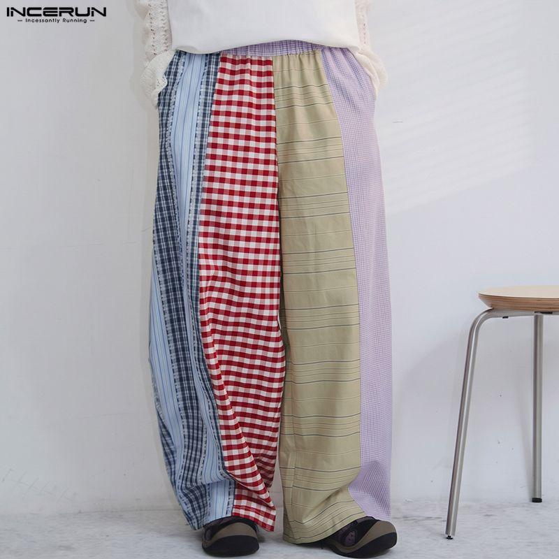 INCERUN Men's Patchwork Wide Leg Trousers Casual Loose Striped Plaid Pants Harajuku Streetwear Elastic Waist Bottoms