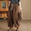 Woman Winter Vintage Splicing Solid Color Cotton Harem Pants Elasticated Waist Chinese Style Casual Pants