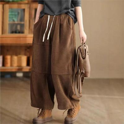 Woman Winter Vintage Splicing Solid Color Cotton Harem Pants Elasticated Waist Chinese Style Casual Pants