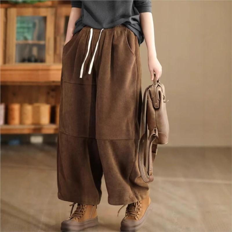 Johnature Woman Winter Vintage Splicing Solid Color Cotton Harem Pants Elasticated Waist Chinese Style Casual Pants