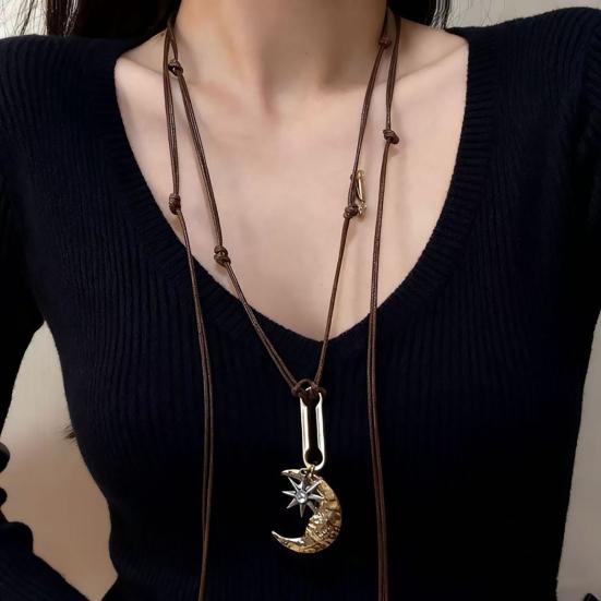 Moon Necklace for Women, Layered Crescent Moon Pendent Rope Choker Necklace, Boho Retro Adjustable Jewelry