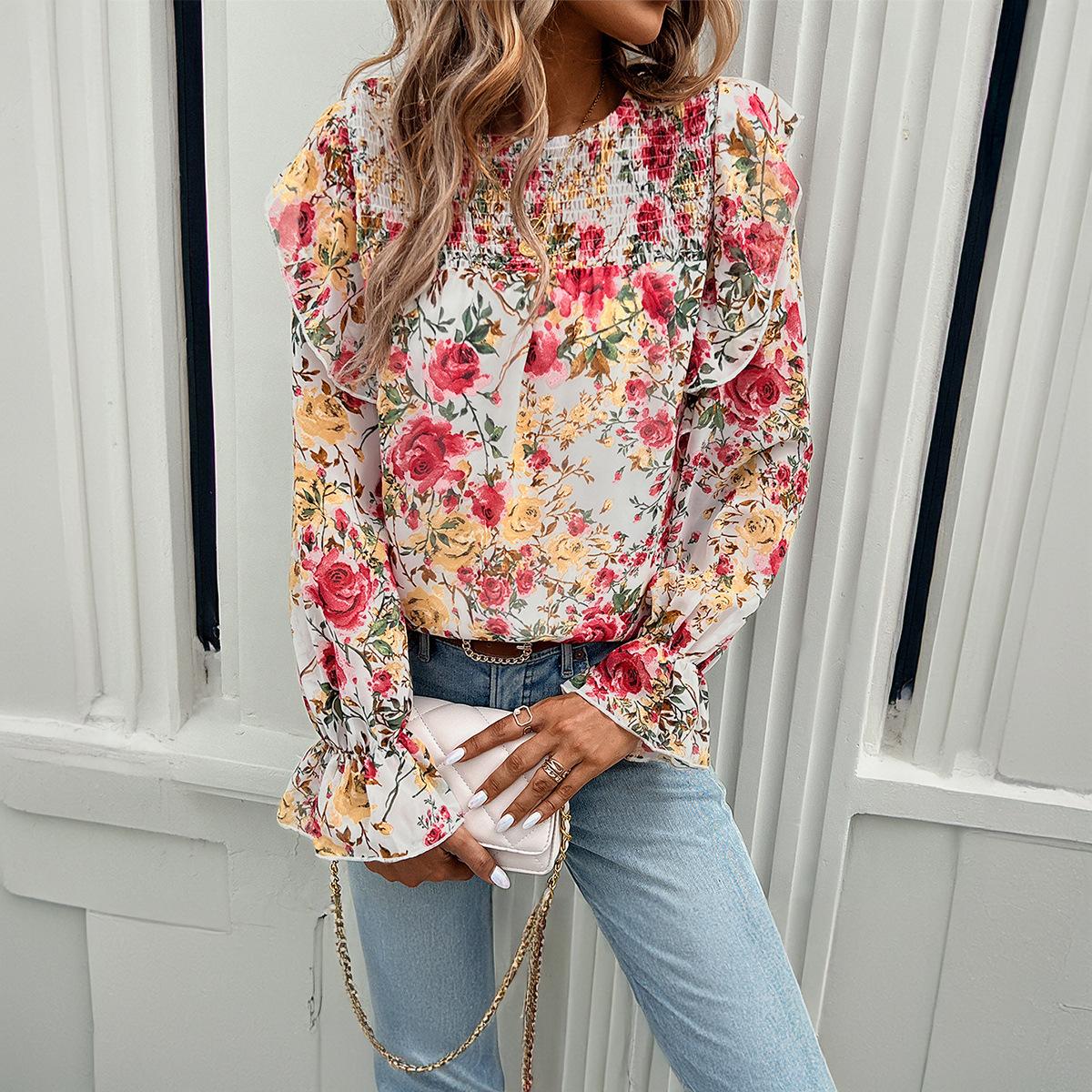 

Printed Shirt Female Temperament Long-sleeved Shirt Blouse S белый