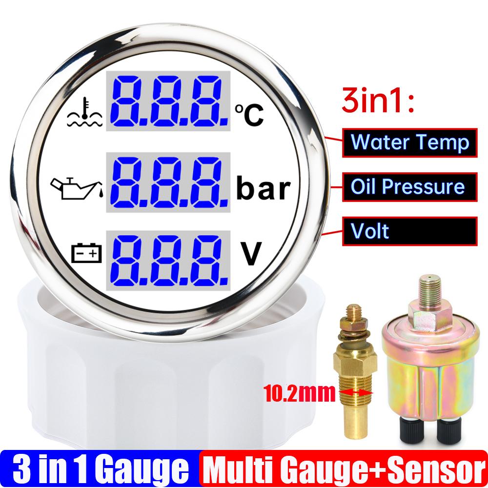 Blauer LED Digitaler 52mm Messgerät mit Alarm 0~120℃ Wassertemperaturanzeige+Öldruck+Spannung mit Öl-/Wassertemperatursensor