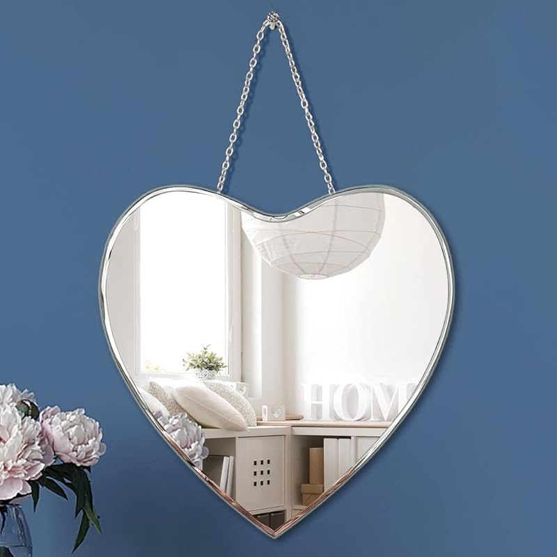 Heart Shaped Mirror with Iron Chain for Wall Decor 12x12 Inch - Wall Hang Real Glass Frameless Decorative Glam Mirror