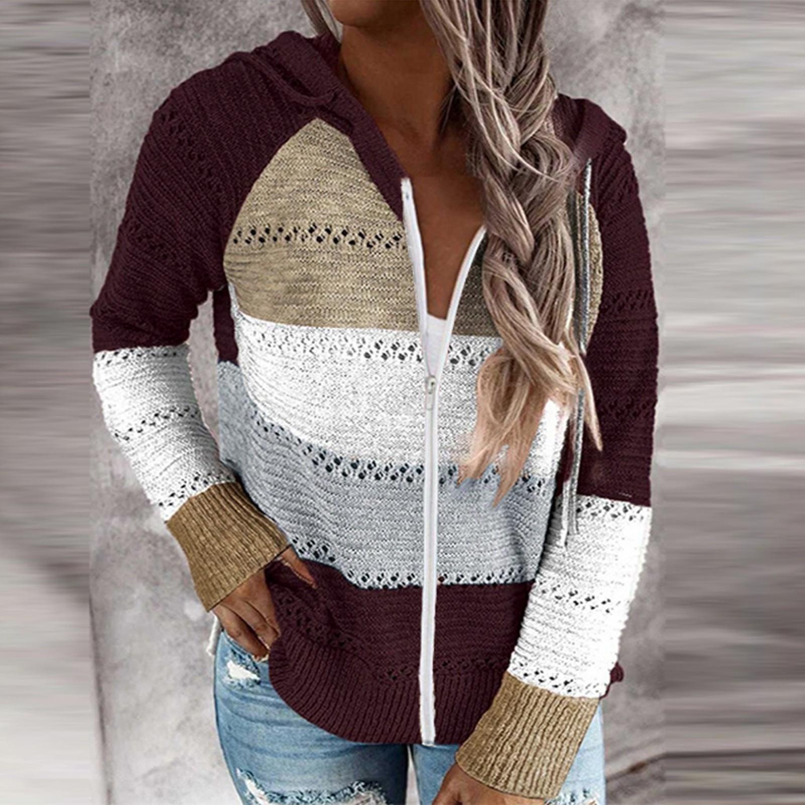 

Модный женский повседневный лоскутный свитер с длинными рукавами и капюшоном, кардиган, блузка, топы XL винный