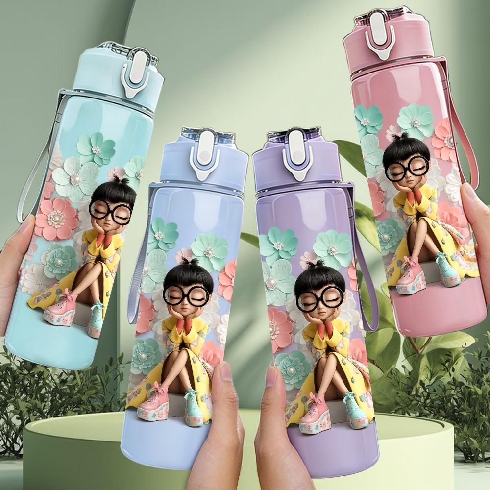 1PC Little Girl Prayer Floral Surround Print 750ml Color Plastic Sports Water Bottle Leakproof Flip Straw Lid Suitable for Sports Office Home Use