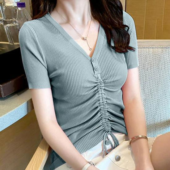 2023 Summer Women's V-Neck Ice Silk Knitwear, Slimming Half-Sleeve Top with Button Drawstring