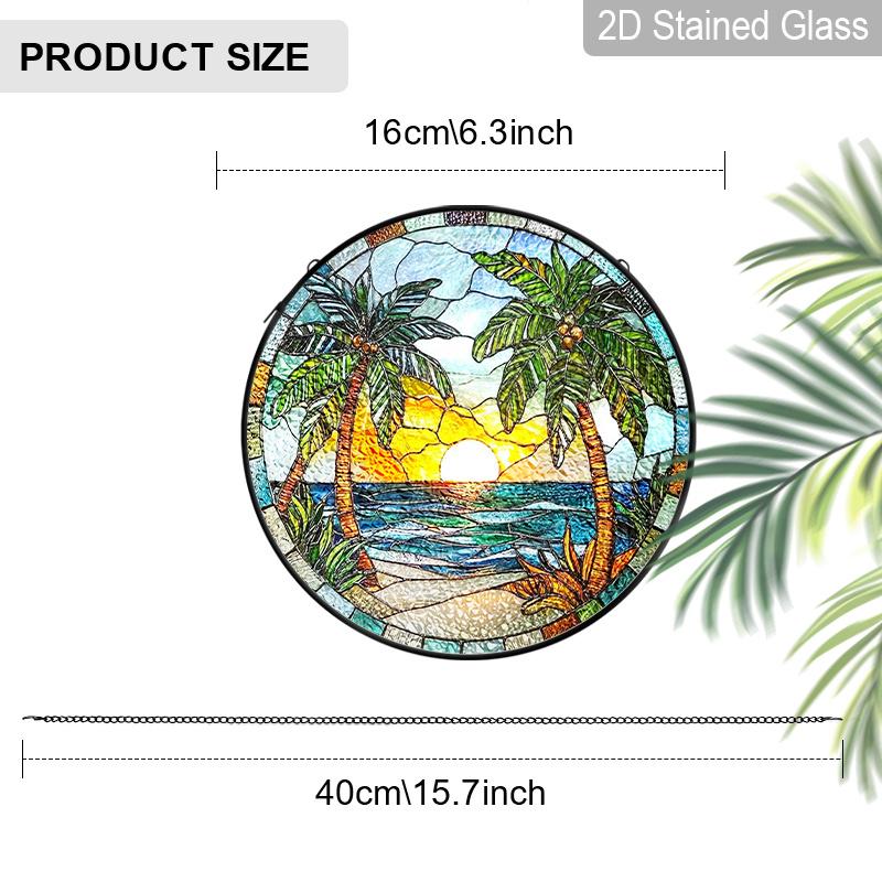 

2D Flat Stained Glass Sun Coconut Tree Landscape Window Decoration, 6.3/7.87inches Colored Glass Plate with Chain, Charming Indoor/Outdoor Sea View 6.3inch