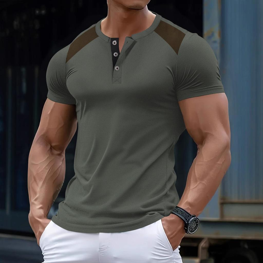 New-style Henry-style Casual, Breathable Button-down V-neck Colour-blocked Short-sleeved Men’s T-shirt