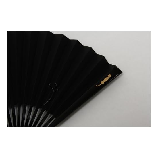 [Hasegawa] Kyoto Folding Fan, Cat Pattern, Black-dyed, Washi Paper Fan, with Pouch, In Gift Box, Mad