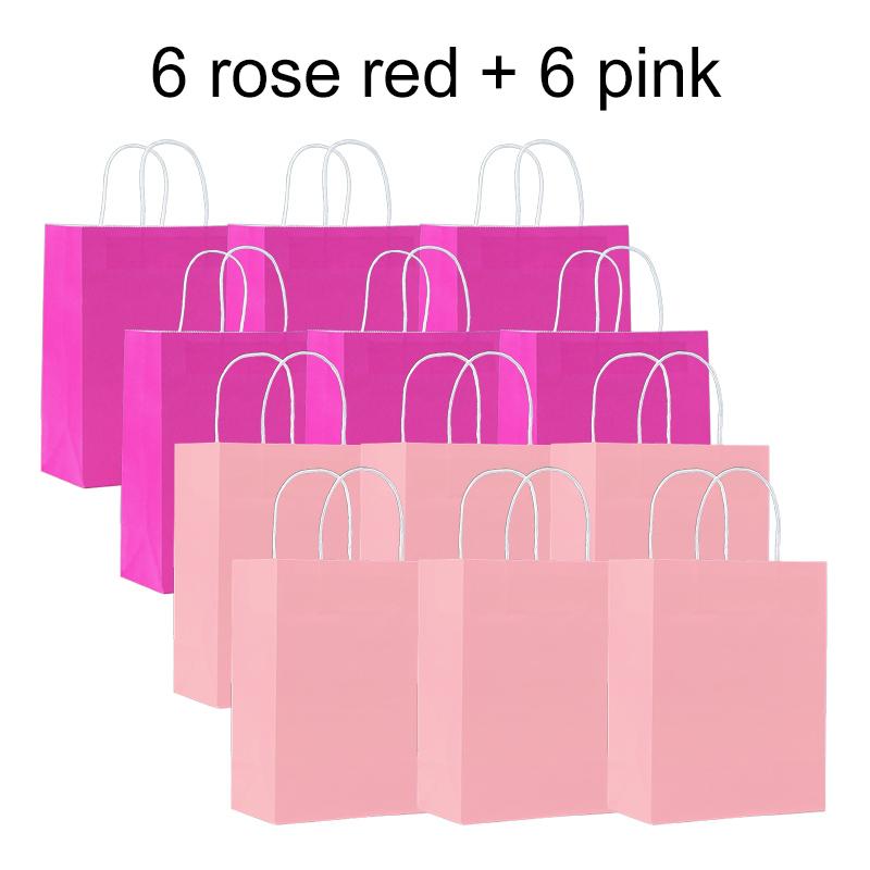 

12pcs Kraft Paper Bag with Handle Solid Color Pink Rose Red Party Gift Bags Birthday Gifts Packaging Beverages Storage TMZ 21x15x8cm