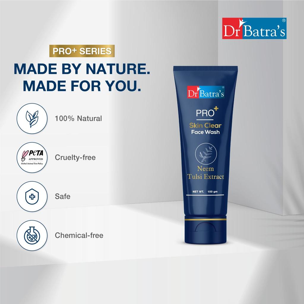 Dr Batra's PRO +Skin Clear Face Wash 100 Gm Pack of 1 for Radiant, Acne-Free, Bright, Healthy Skin, Sulphate & Soap Free