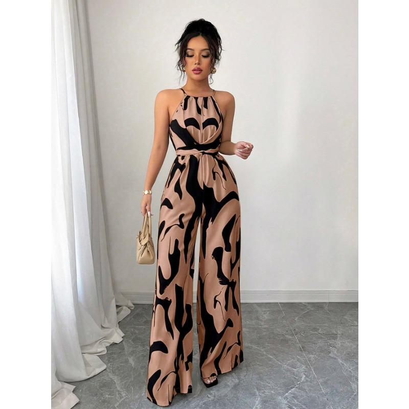 Sommer-Neckholder-Jumpsuit mit abstraktem Print und Bindegürtel, weites Bein