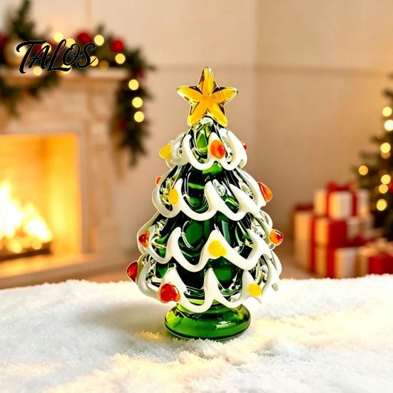 Elegant Office Desk Decor Glazed Glass Christmas Tree Figurine, Handcrafted Ornament Gift for Friends Holiday Display, Colorful Modern Table