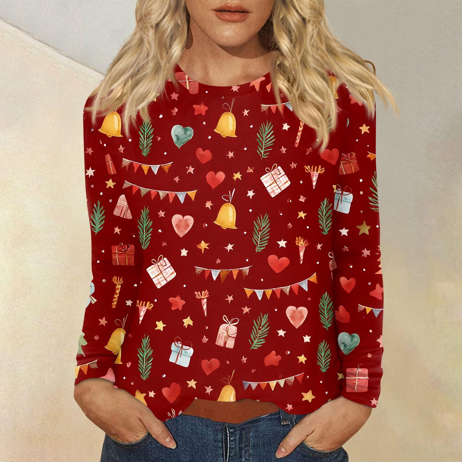 

Женская мода повседневный рождественский принт круглый вырез длинный рукав пуловер топ XXL