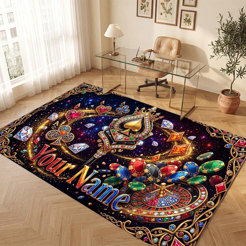 Cards Casino Theme Soft Crystal Velvet Rug Custom Name & Text Print Non Slip Floor Rug for Bedroom Living Room