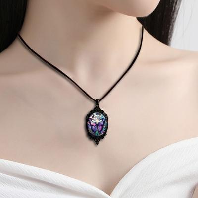 Butterfly Pendant Necklace for Women Retro Alloy Purple Butterfly Dangle Necklace Female Jewelry Gift for Dating Daily Wear