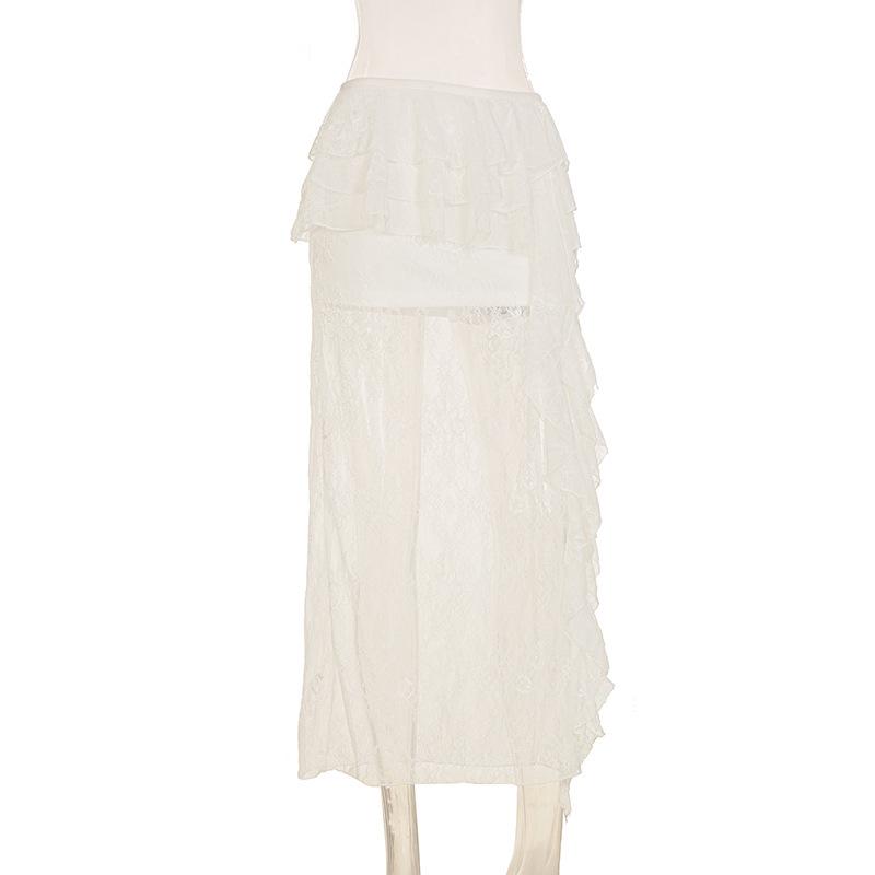 2025 Women's White Ruffled Lace Half Skirt, Holiday Style, Sexy & Slightly Sheer, Irregular Design