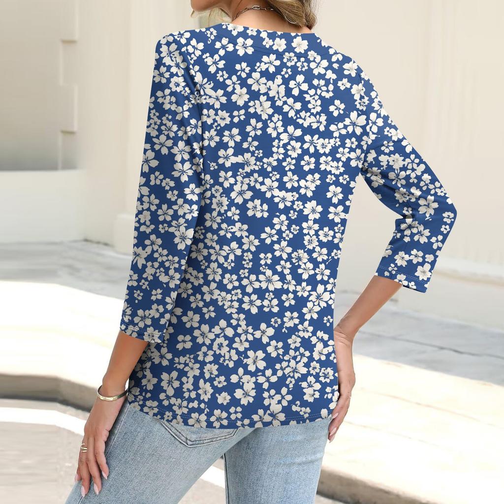 Damenmode Lässiges bedrucktes Button-Down-Hemd 3/4 lange Ärmel Oberteile