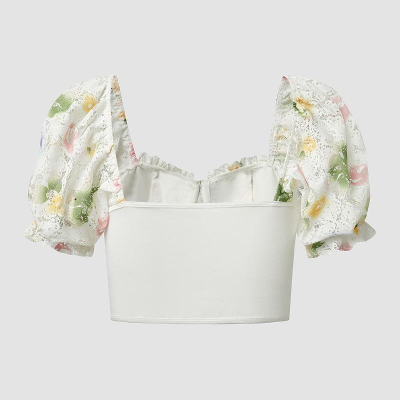 Street Backless Puff Sleeve Sexy Shirt Women with Steel Ring Fishbone Vintage Slim Fit Sexy Crop Tops for Women Print Elegant Blouses 24441