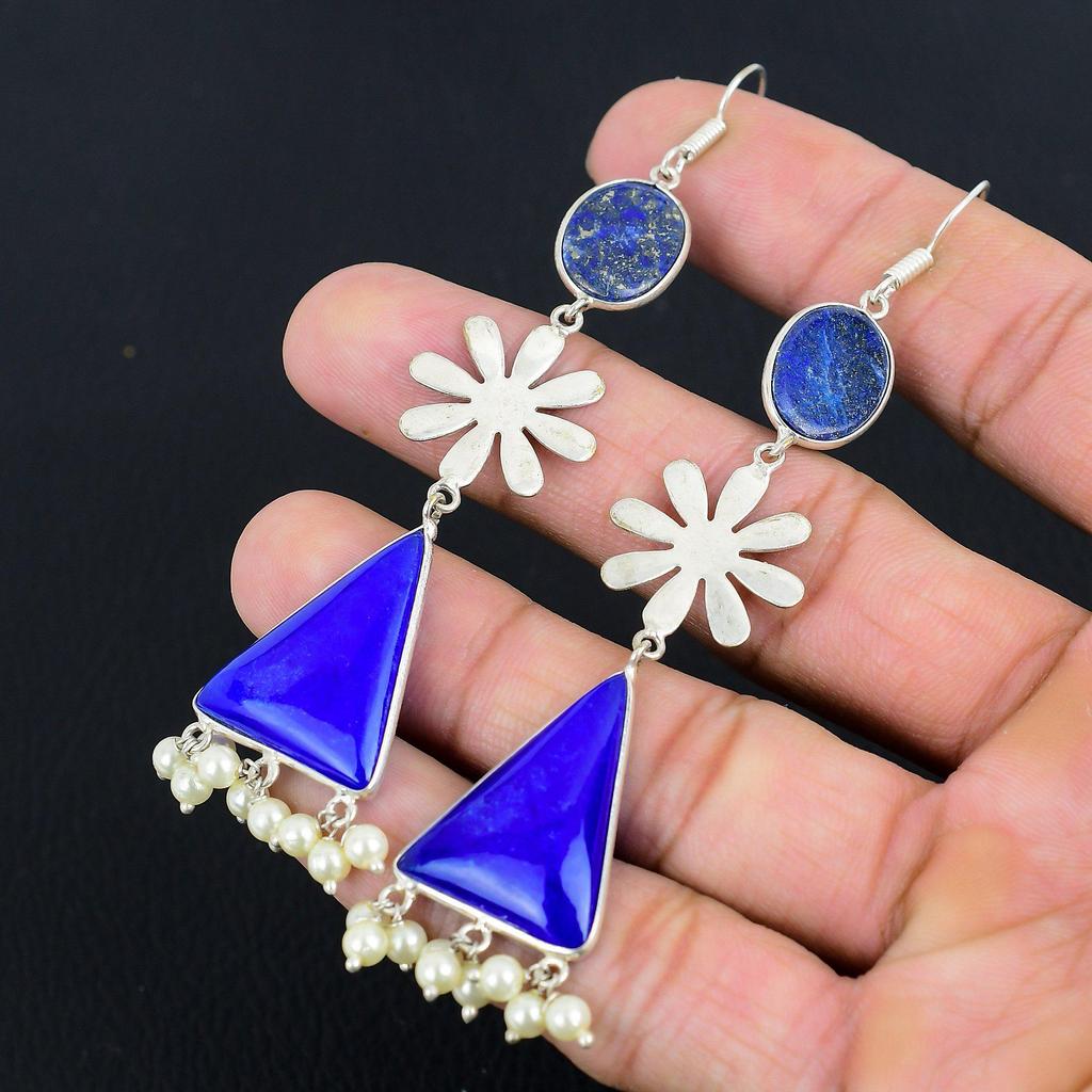 Daughters Day Sale Sterling Silver Lapis Lazuli Gemstone Dangle Earrings Jewelry