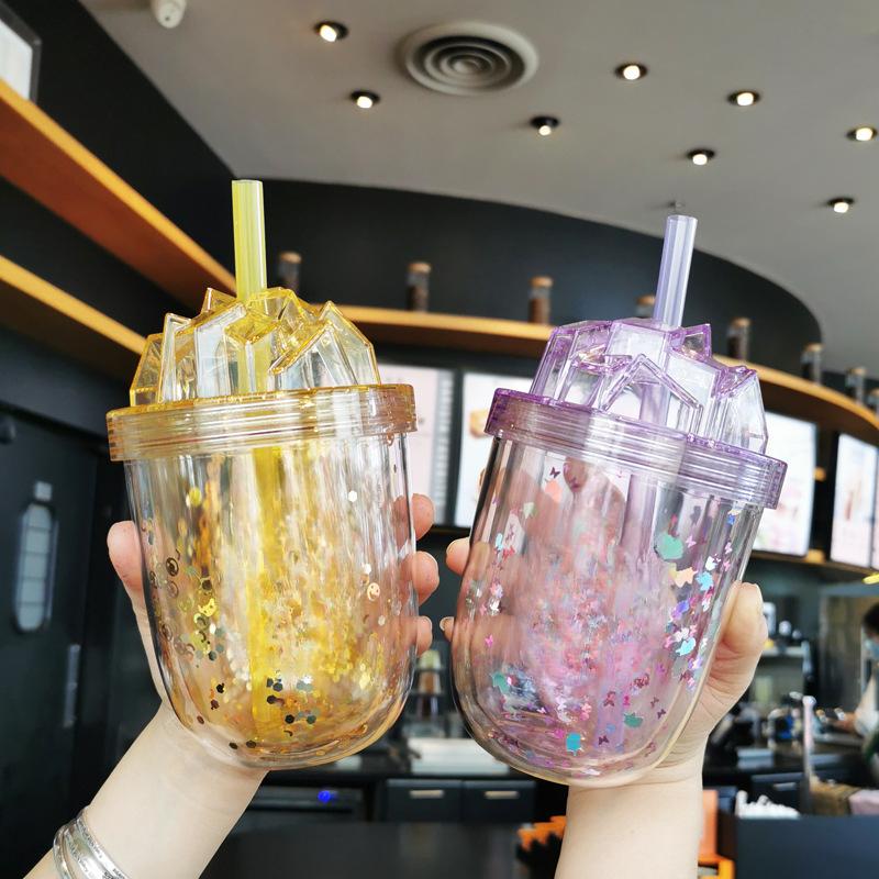 Korean Version of The Large-caliber Straw Milk Tea Cup Large-capacity Double-decker Student Couple Glitter AS Plastic Cups.