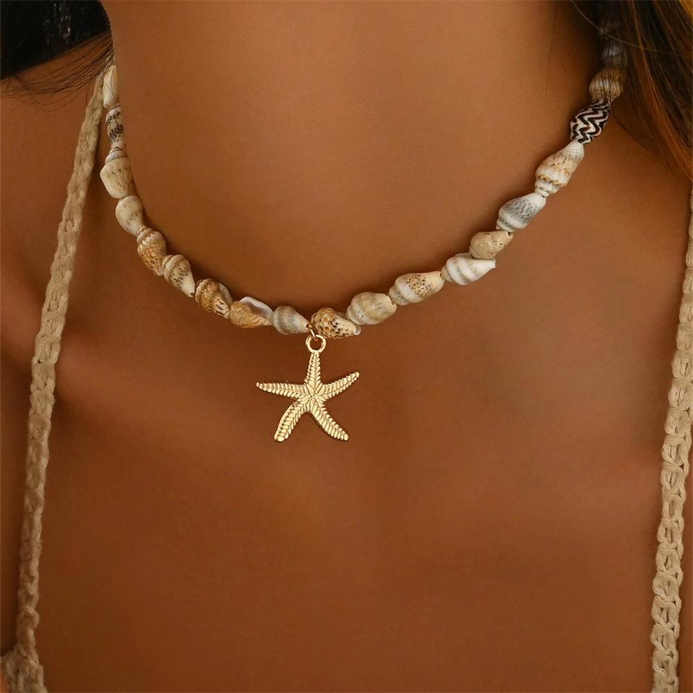 Collier Naturel Perles Coquillages Style Plage avec Pendentif Étoile de Mer Tropicale Mode Bohème Bijoux Fête Océanique Choker Femme