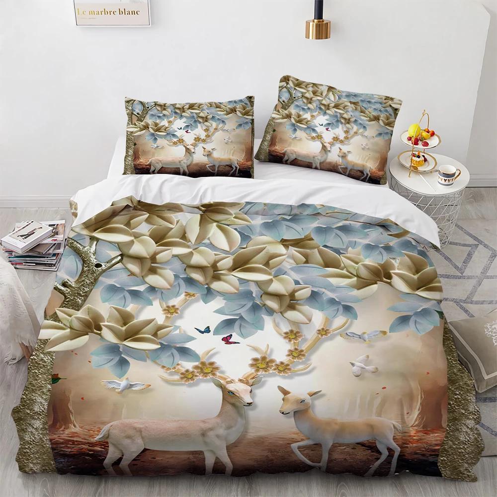Cartoon Elk Duvet Cover King Queen Size Golden Deer Pattern Bedding Set for Teens Adults Wild Buck Quilt Cover with Pillowcase